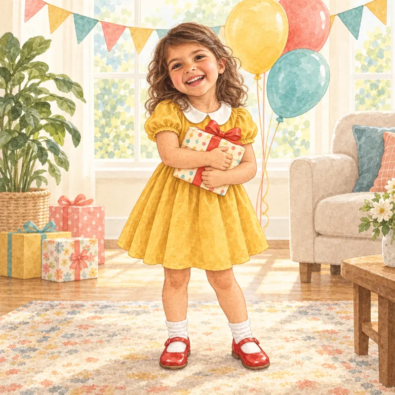 Book cover: Ava, a smiling girl with wavy brown hair and a yellow dress, hugging a birthday present in front of balloons
