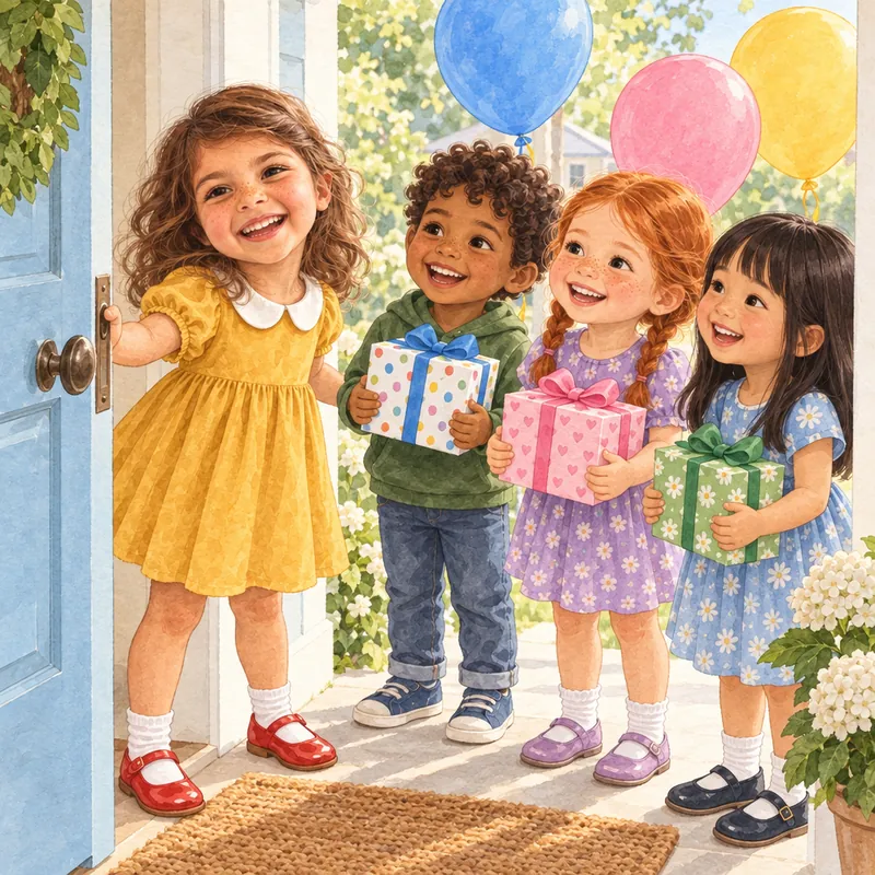 Ava opens the front door to friends holding wrapped presents