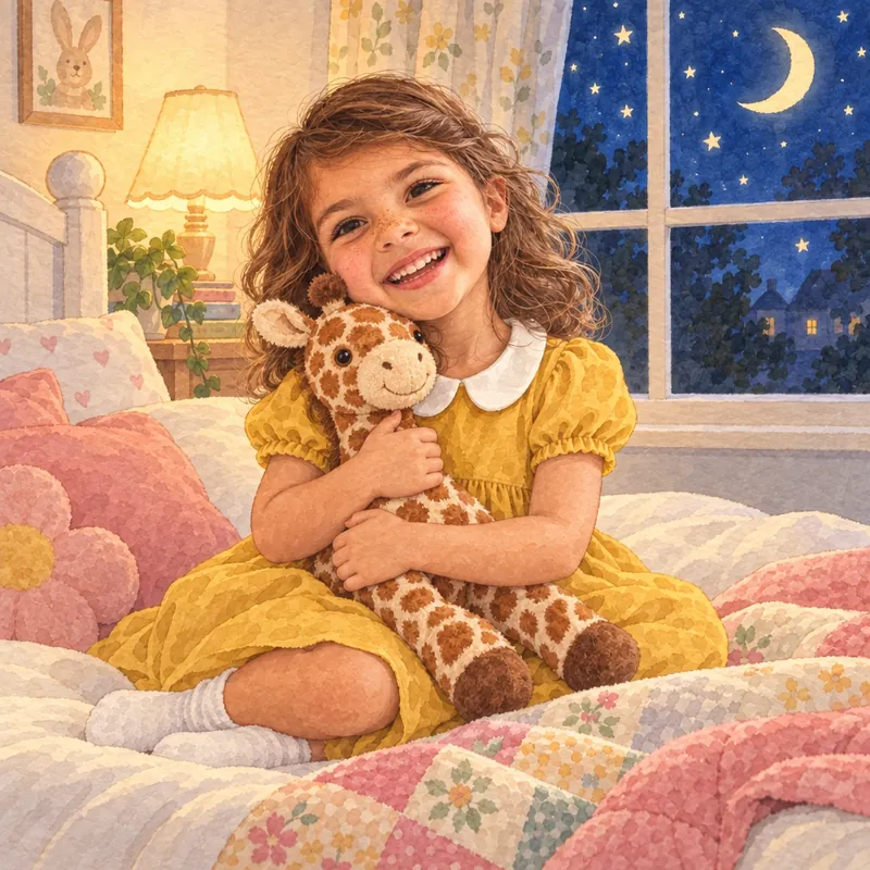Ava snuggles in bed at night, hugging her toy giraffe