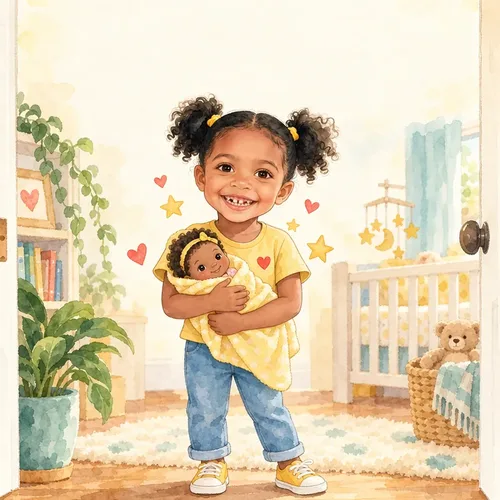 Maya as a cartoon on the cover of her book, Maya Becomes a Big Sister