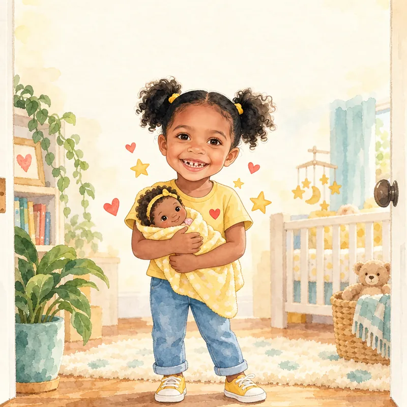 Book cover: Maya, a smiling girl with curly hair puffs and yellow hair ties, hugging a baby doll wrapped in a yellow blanket