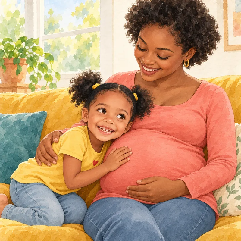 Maya presses her ear to her pregnant mom's round tummy on a yellow couch