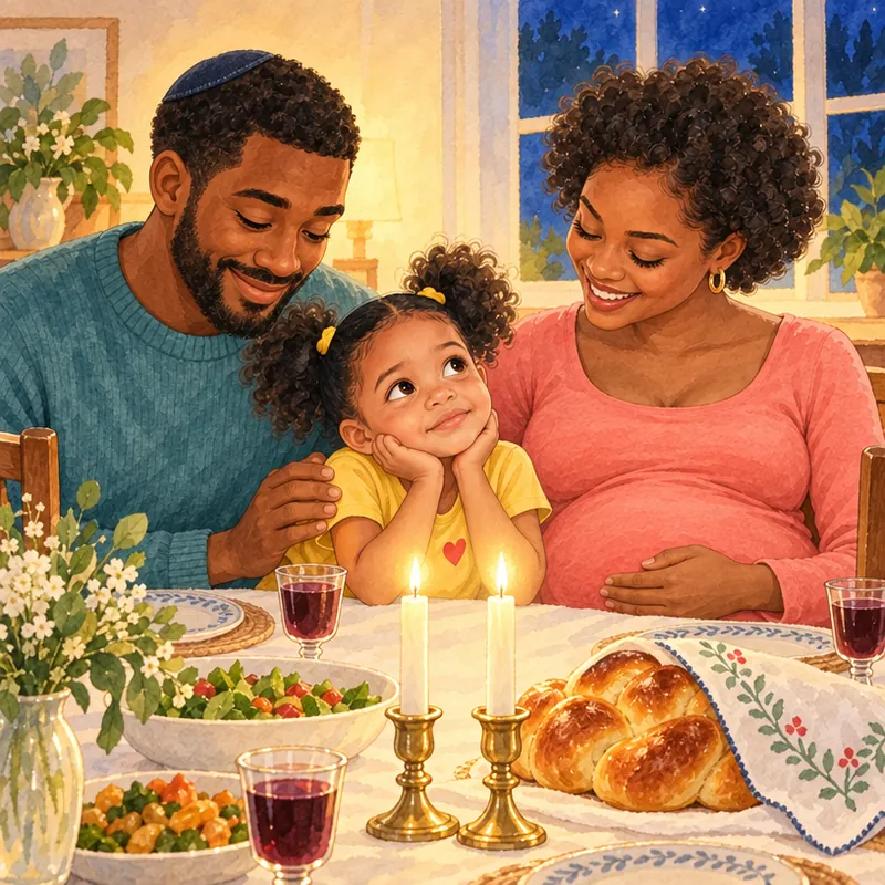 Shabbat dinner: Maya sits between Mom and Dad by glowing candles and a braided challah, wondering about the baby