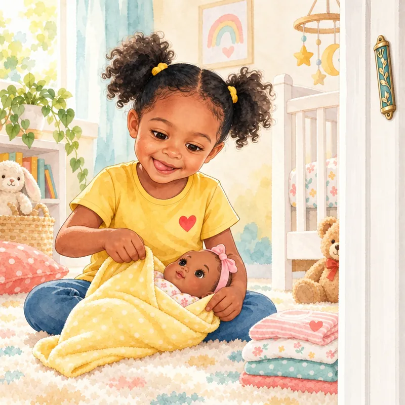 Maya carefully wraps her doll in a yellow blanket in the nursery, with a mezuzah on the doorframe