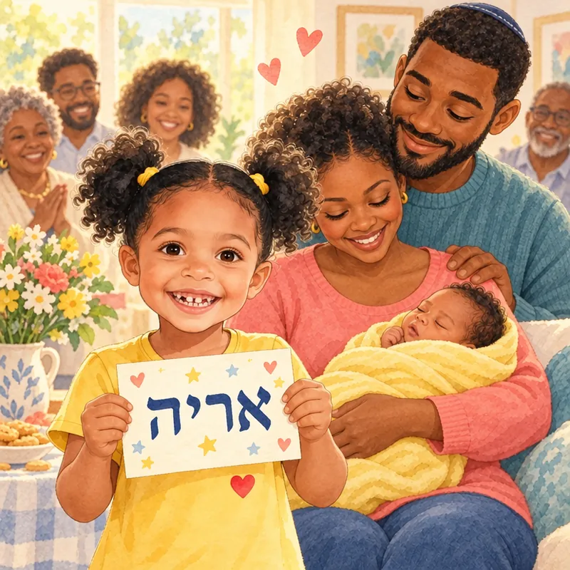 At the baby naming, Maya proudly holds up a card with Leo's Hebrew name while Mom holds the baby