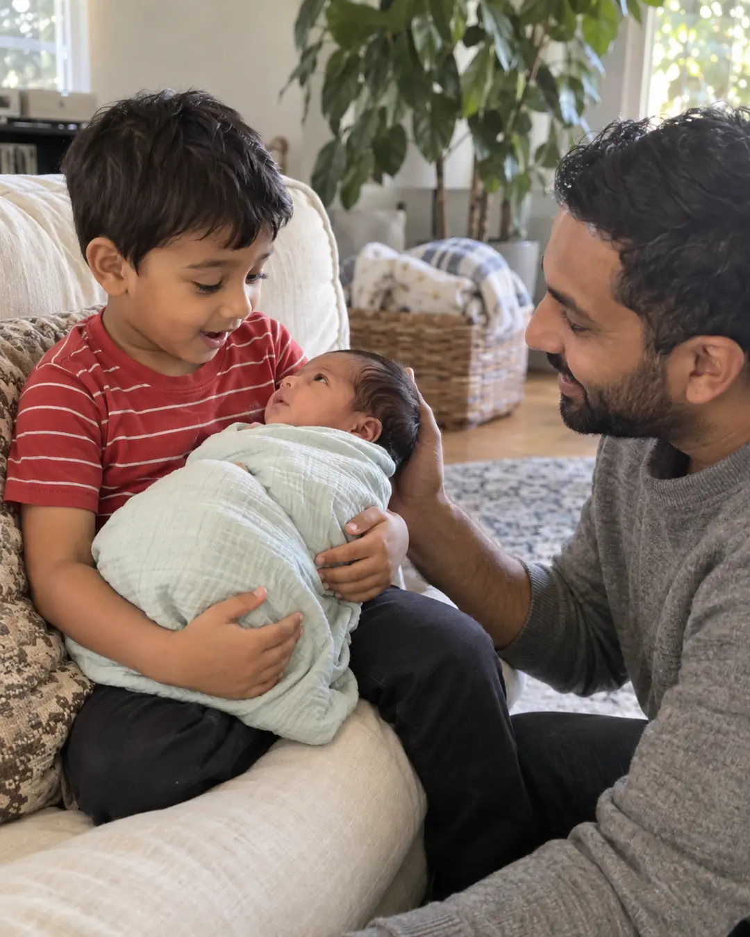 A little boy on the sofa carefully holding his newborn sister while his dad kneels beside them