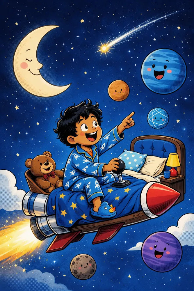 Boy in rocket pajamas flying his bed through the stars