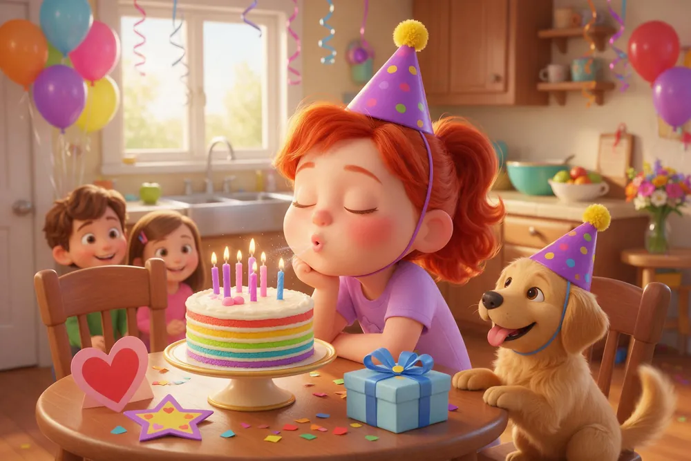 Girl in a party hat making a birthday wish