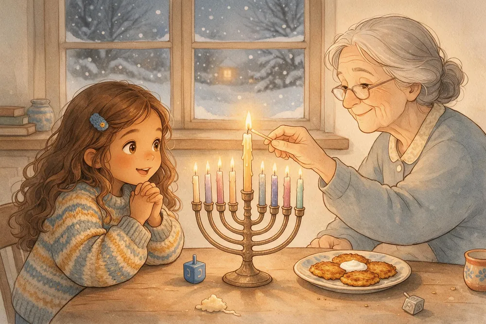 Girl watching her grandmother light holiday candles