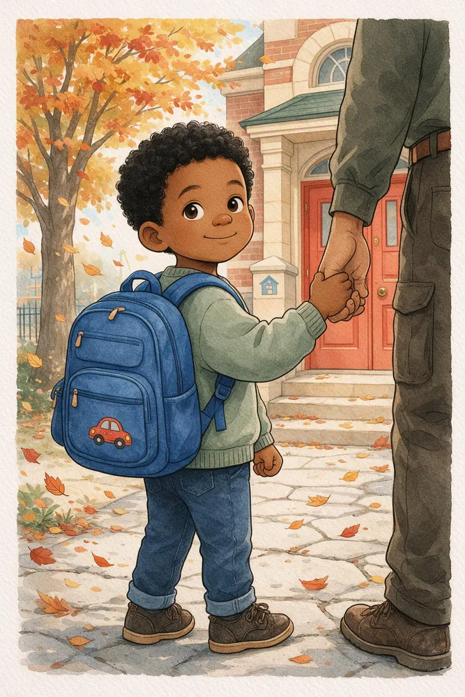 Boy with a blue backpack at a red school door