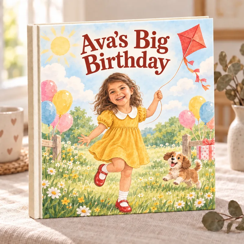 The finished hardcover book, Ava's Big Birthday, with Ava on the cover