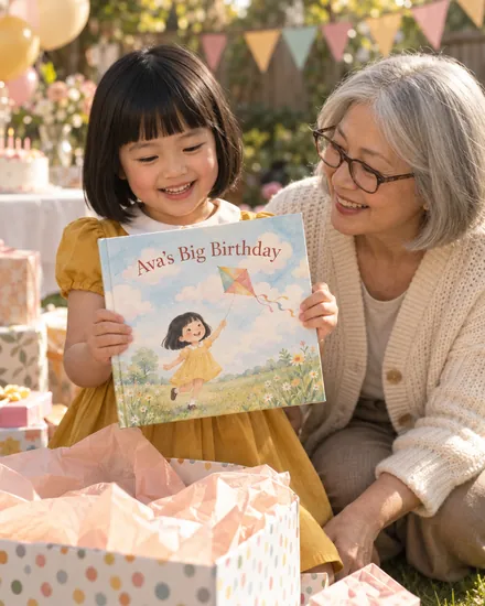 A grandmother watches her granddaughter beam at her birthday book