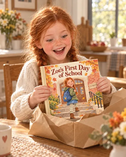 A freckled girl with red braids gasps with delight as she unwraps a hardcover book with her own illustrated face on the cover