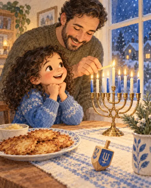 A girl lighting the menorah with her father, watercolor