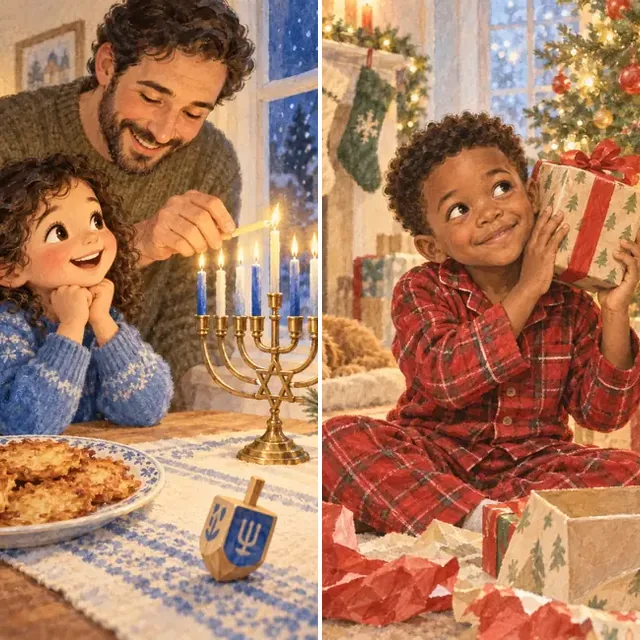 Holiday story art: a girl lighting the menorah with her father, beside a boy holding a present under a Christmas tree
