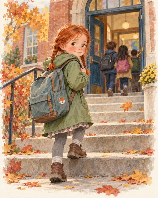 Zoe, a girl with red braids and a big backpack, walking up the school steps, watercolor