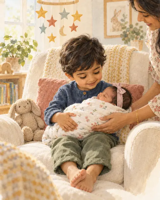 A boy holding his newborn baby sister, watercolor