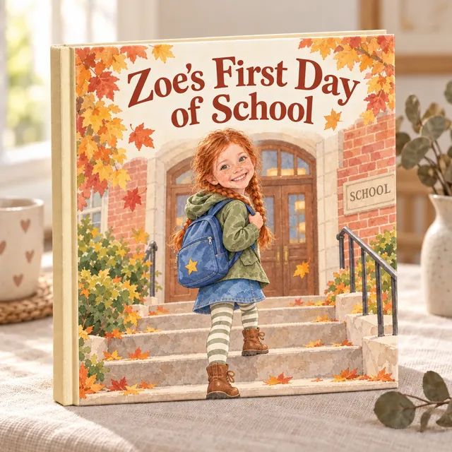 The 8x8 hardcover edition of Zoe's First Day of School, a sample book